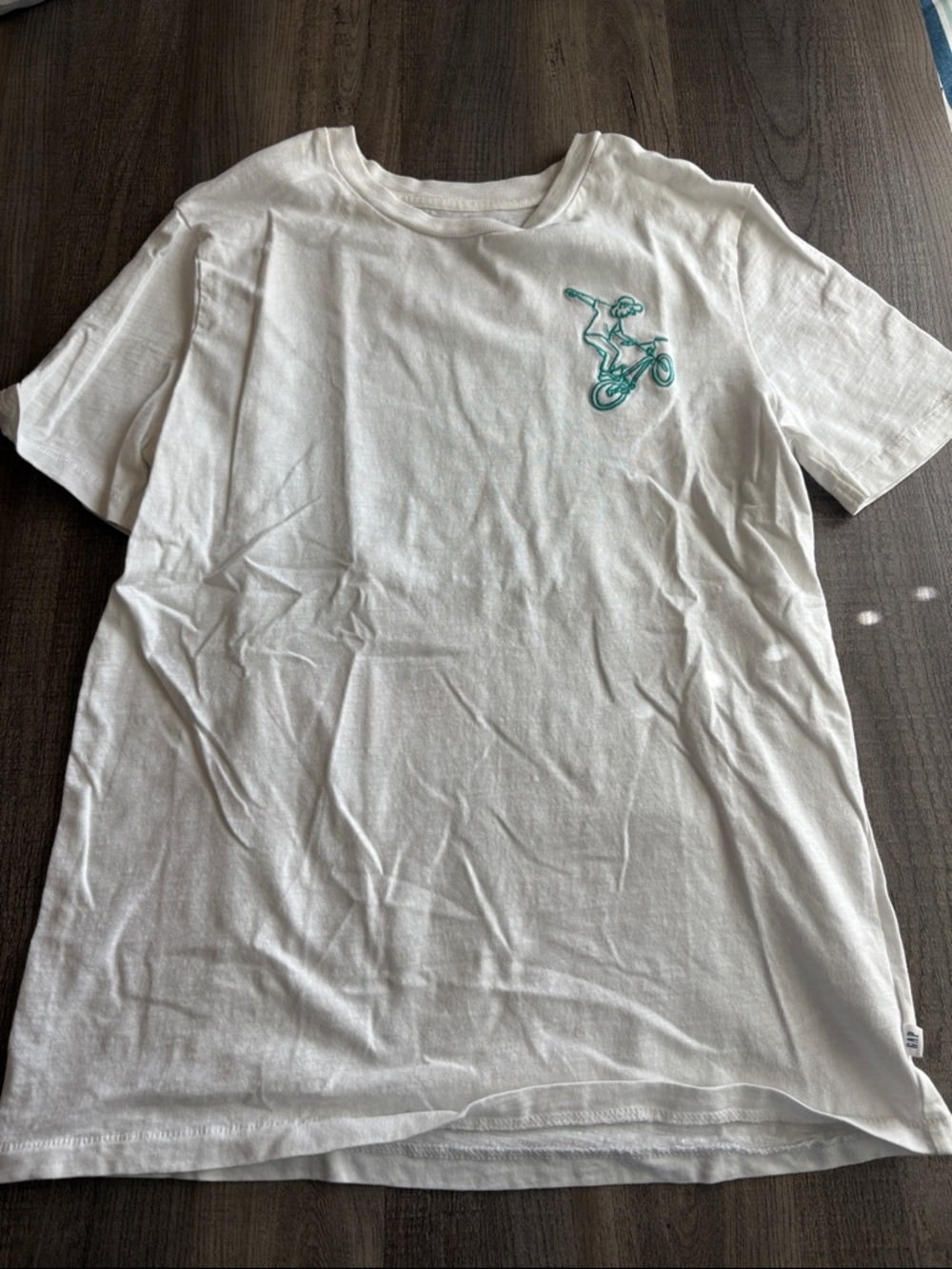 Boys White Short-Sleeve Tee with Teal Bike Embroidery